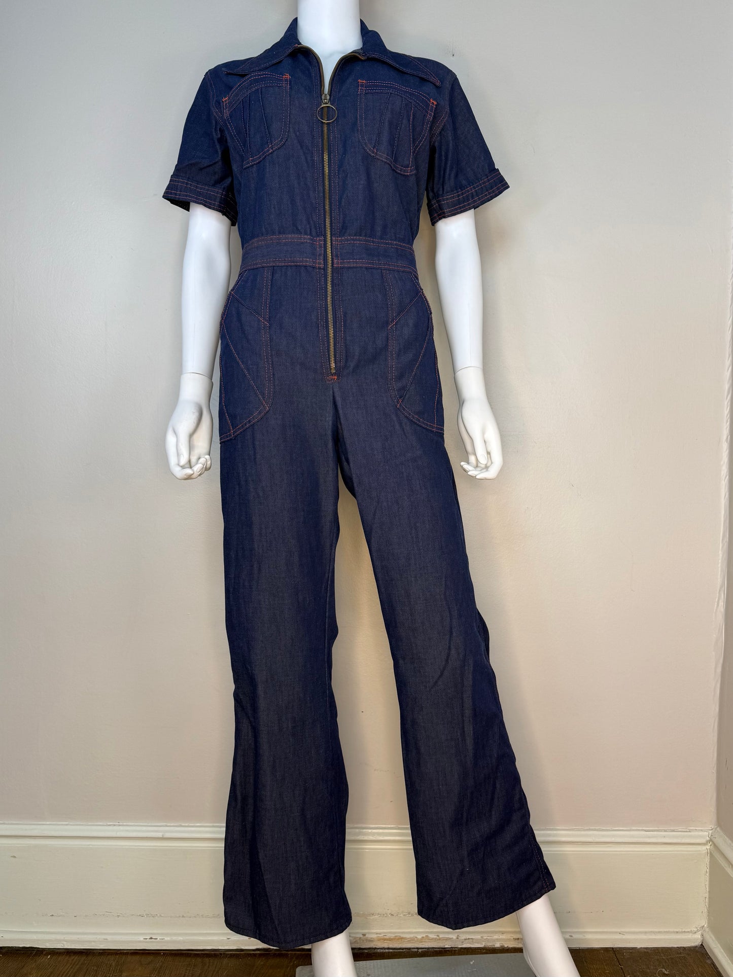 1970s Denim Zip Up Jumpsuit, Sears Size 36R, Small/Medium