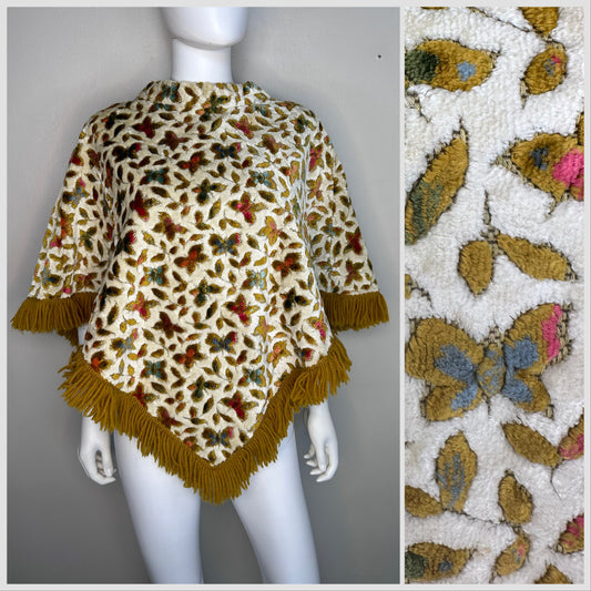 1960s/70s Butterfly Velvet Tapestry Poncho with Fringe, Handmade Size Small