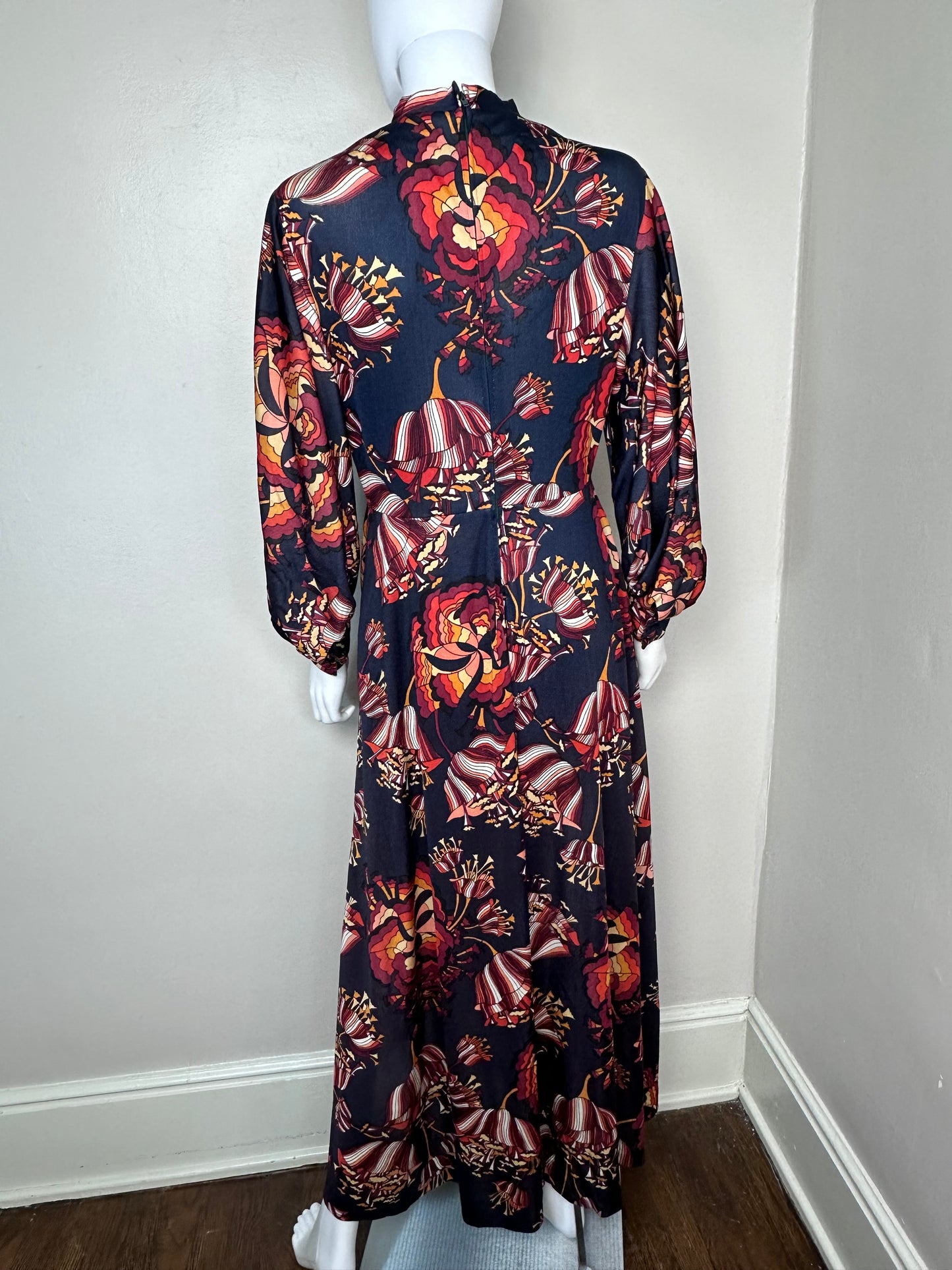 1970s Black Floral Maxi Dress with Cut Out, Aux Trois Quartiers Paris Size Medium