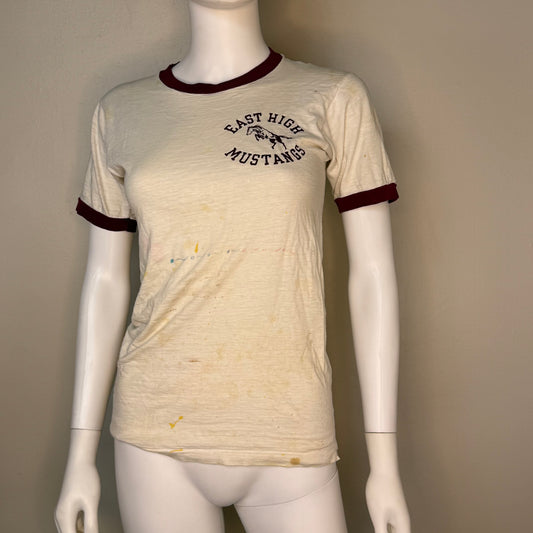 1960s East High Mustangs Ringer T-Shirt, Champion Products Size XS, Distressed
