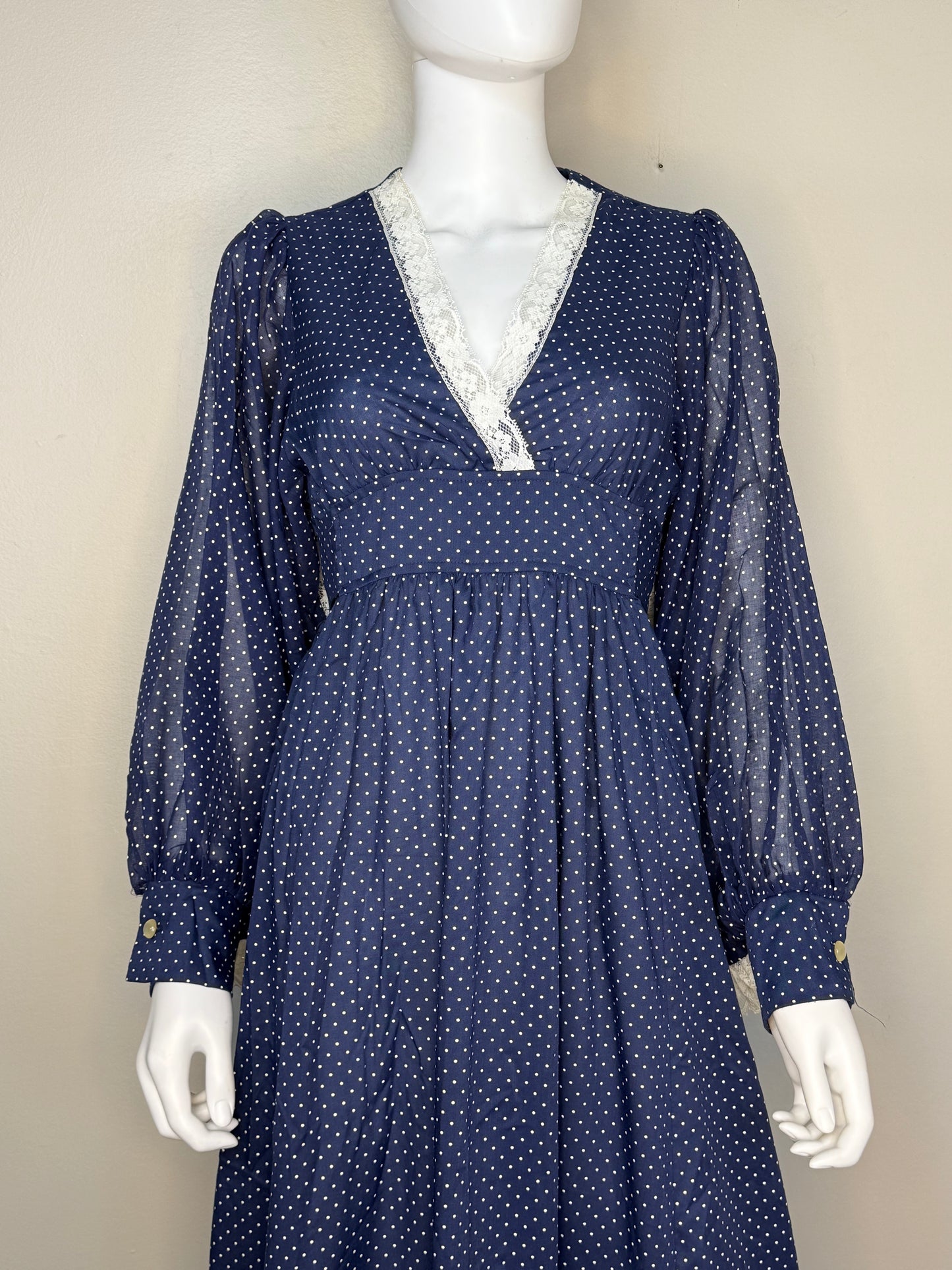 1970s Navy Blue Polka Dot Maxi Dress, Size Small-Medium, Huge Bishop Sleeves with Lace Trim