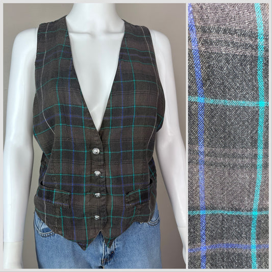 1990s Plaid Rayon Vest, Espionage Size Medium