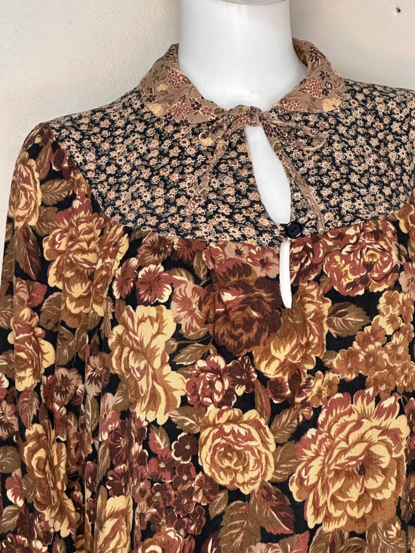 1970s/80s Mixed Brown Florals Boho Midi Dress, Size Large