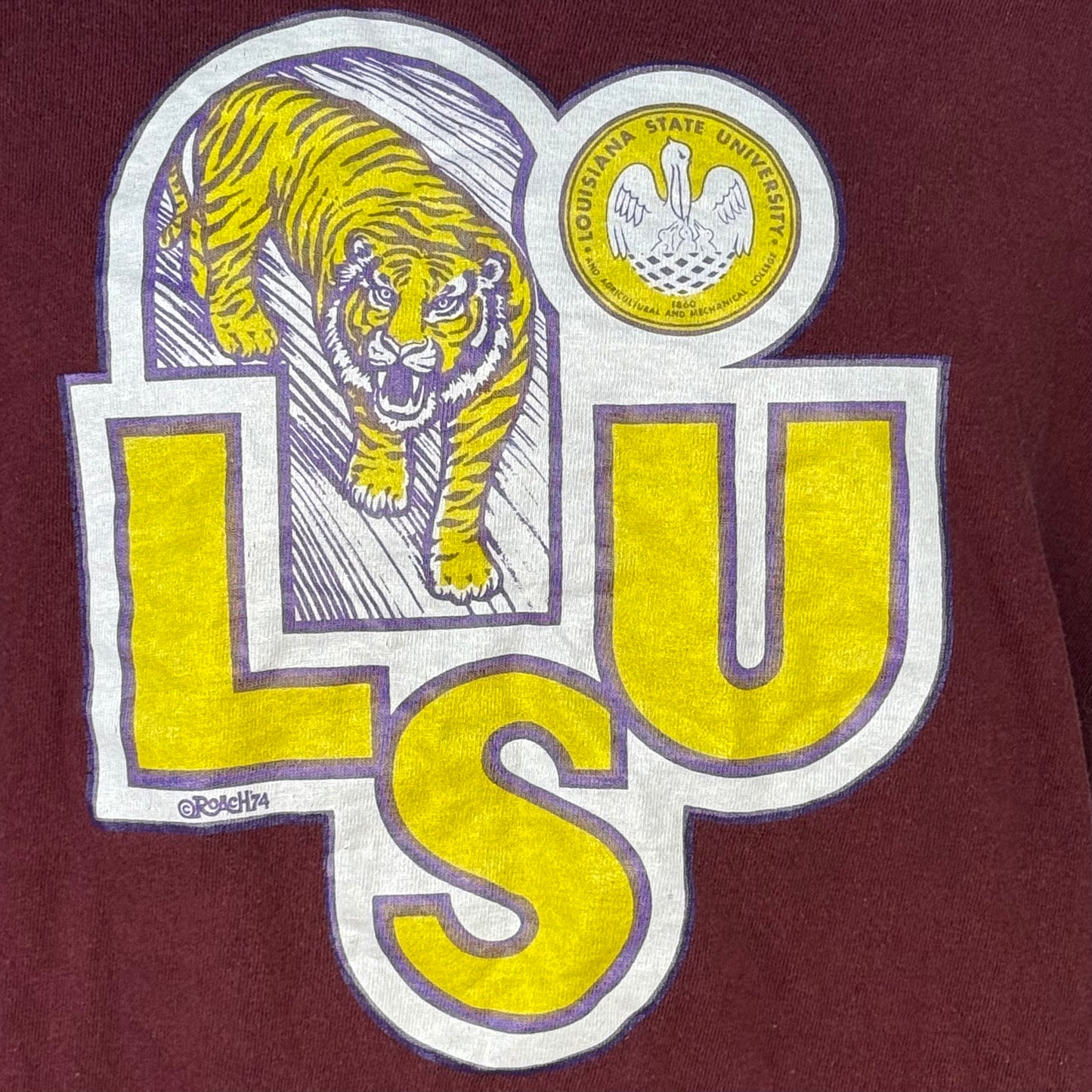1970s LSU Tigers T-Shirt, Louisiana State University, Roach 74, Russell Athletic Size Medium