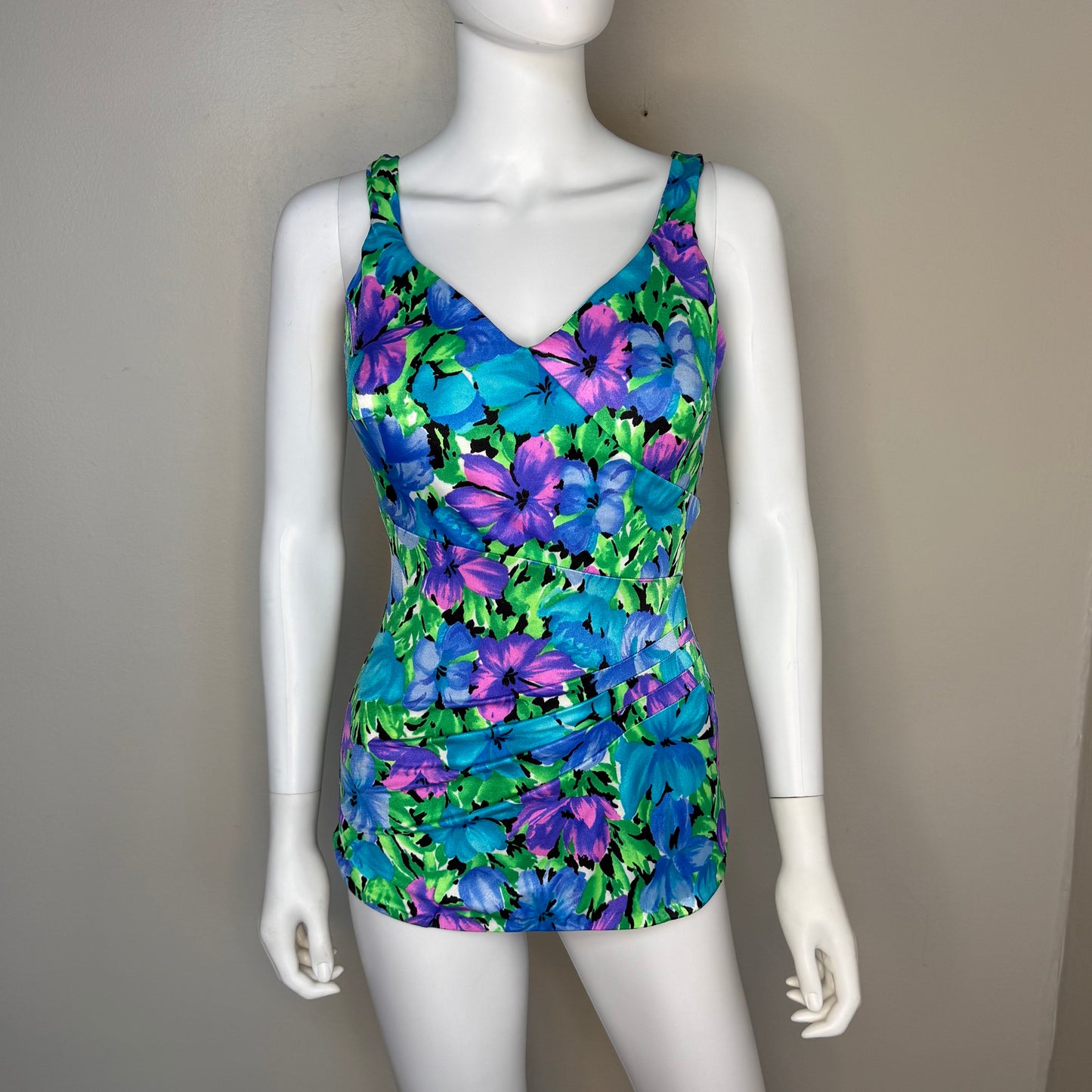 1990s Floral Swimsuit, Illusions by Catalina Size Small with D Cup, Deadstock New with Tag, 90s does 50s