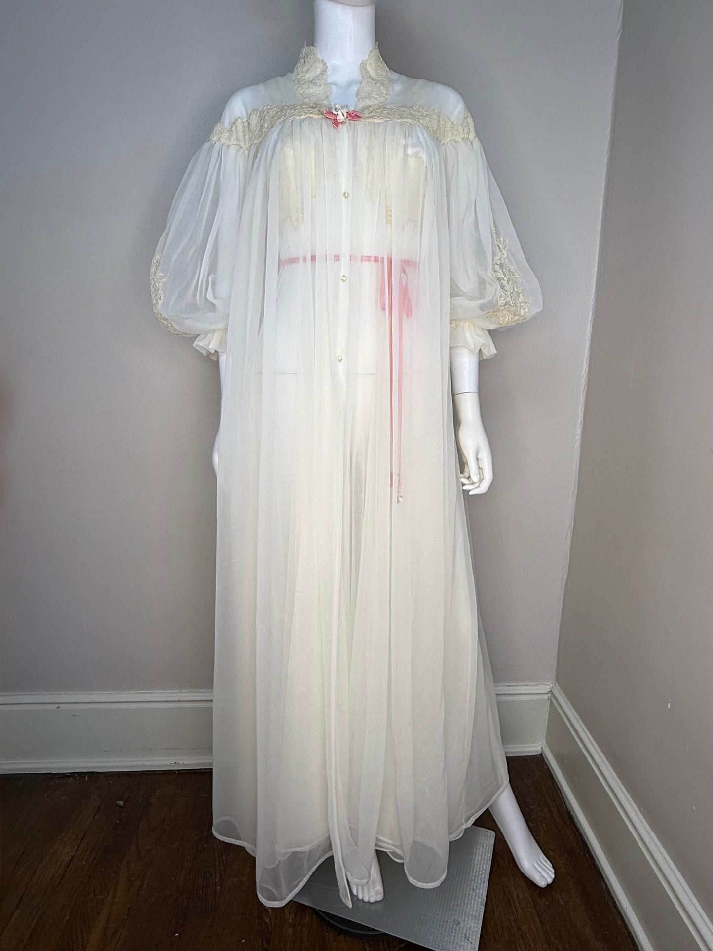 1950s Full Length Peignoir Set with Full Sweep, Sheer Off White Nylon with Cream Lace and Pink Ribbon, Yolande Size 32, XS, Night Gown and Robe, Bridal Lingerie