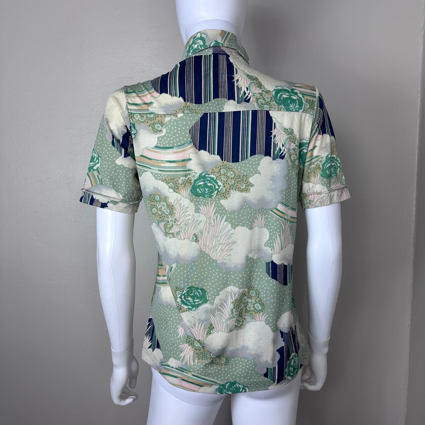 1970s Psychedelic Floral and Rainbow Nylon Short Sleeve Blouse, Golden Rose Size S/M