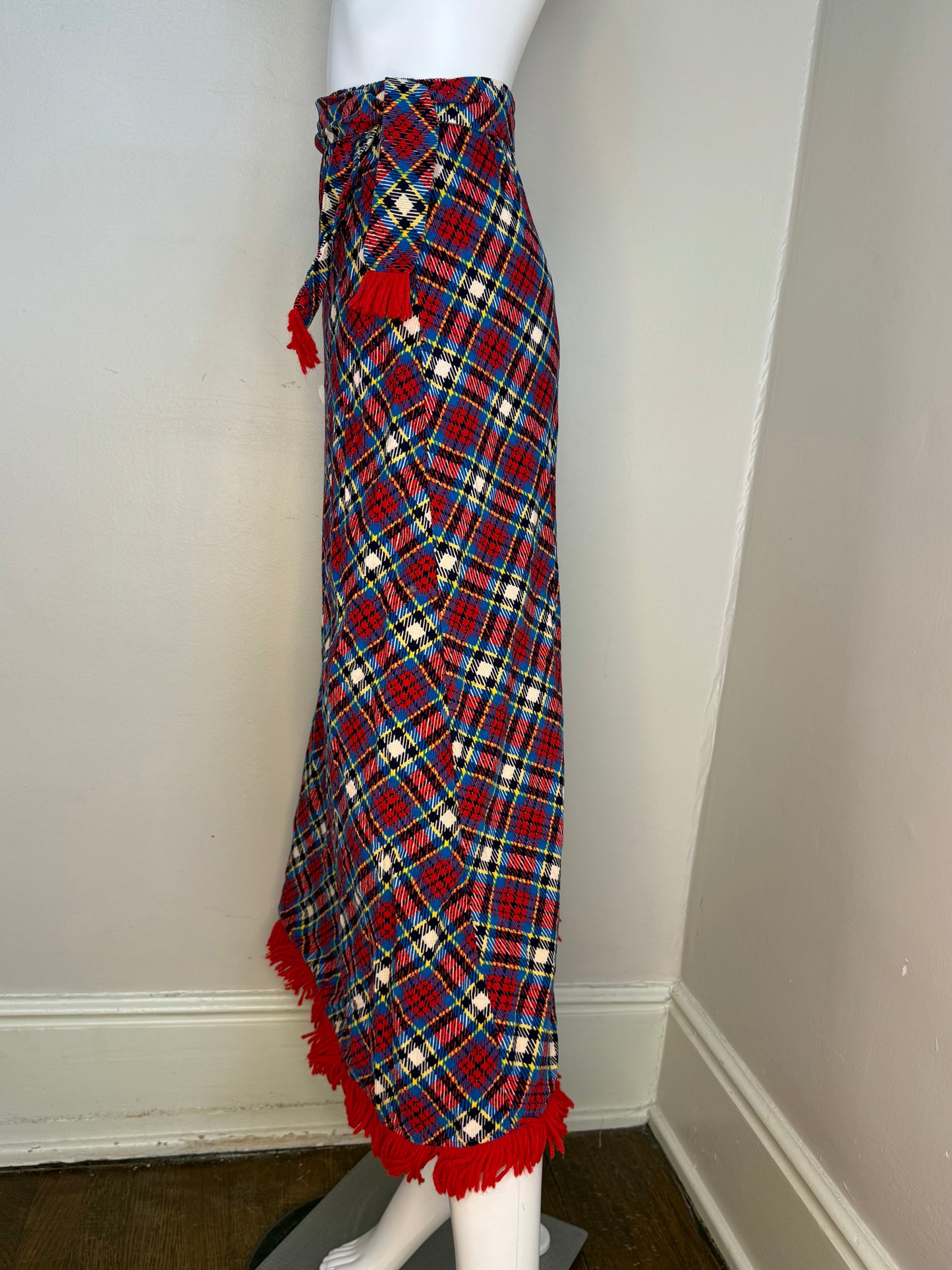 1970s Plaid Corduroy Maxi skirt with Fringe Trim, Flora Ottimer Girls 12/14, Adult XXS