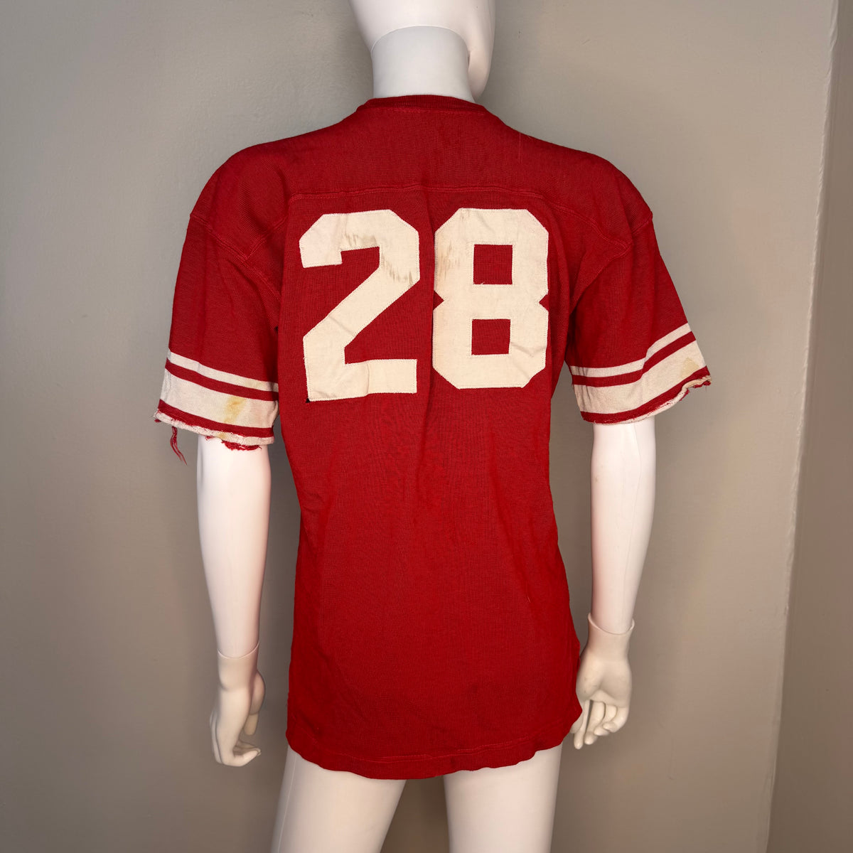1960s Red Durene Jersey, Action-Tailored by Rawlings Size 44, No 28, Distressed