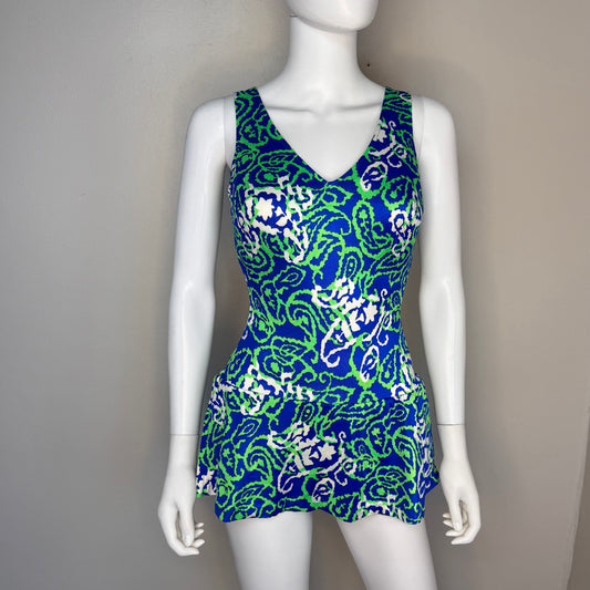 1960s Psychedelic Paisley Swimsuit, Sears Size XS-Small, One Piece with Attached Skirt
