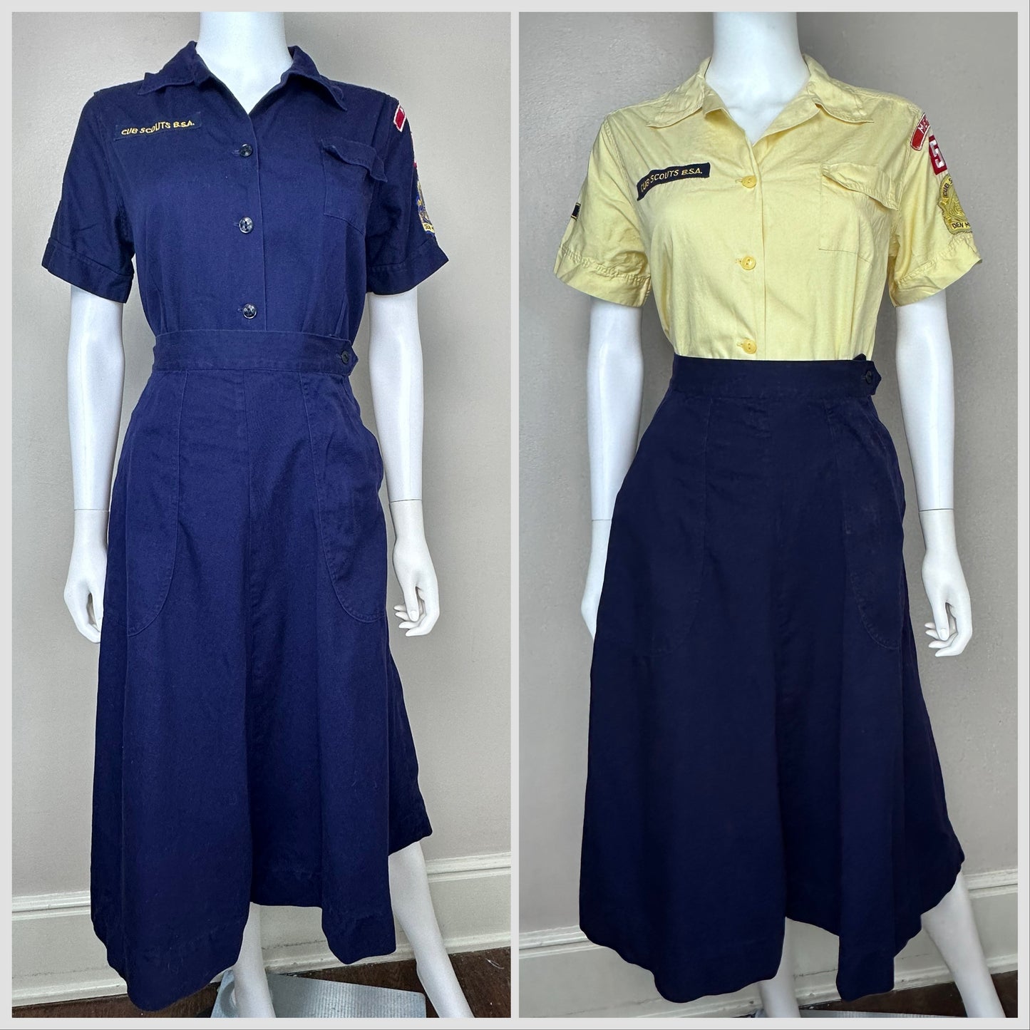 1940s/1950s BSA Cub Scout Den Mother Uniform, Size Small/Medium, Blue Blouse, Yellow Blouse, Blue Skirt, Boy Scouts of America, Memphis Den 2 Pack 51