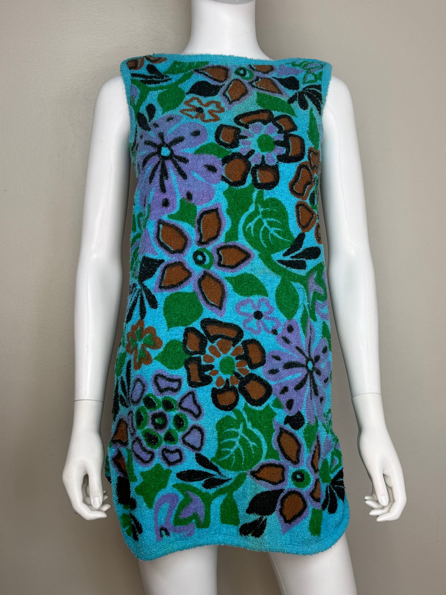 1960s Floral Terry Cloth Dress, Sherry Miami Fla, Swim Beach Towel Cover Up Size XS