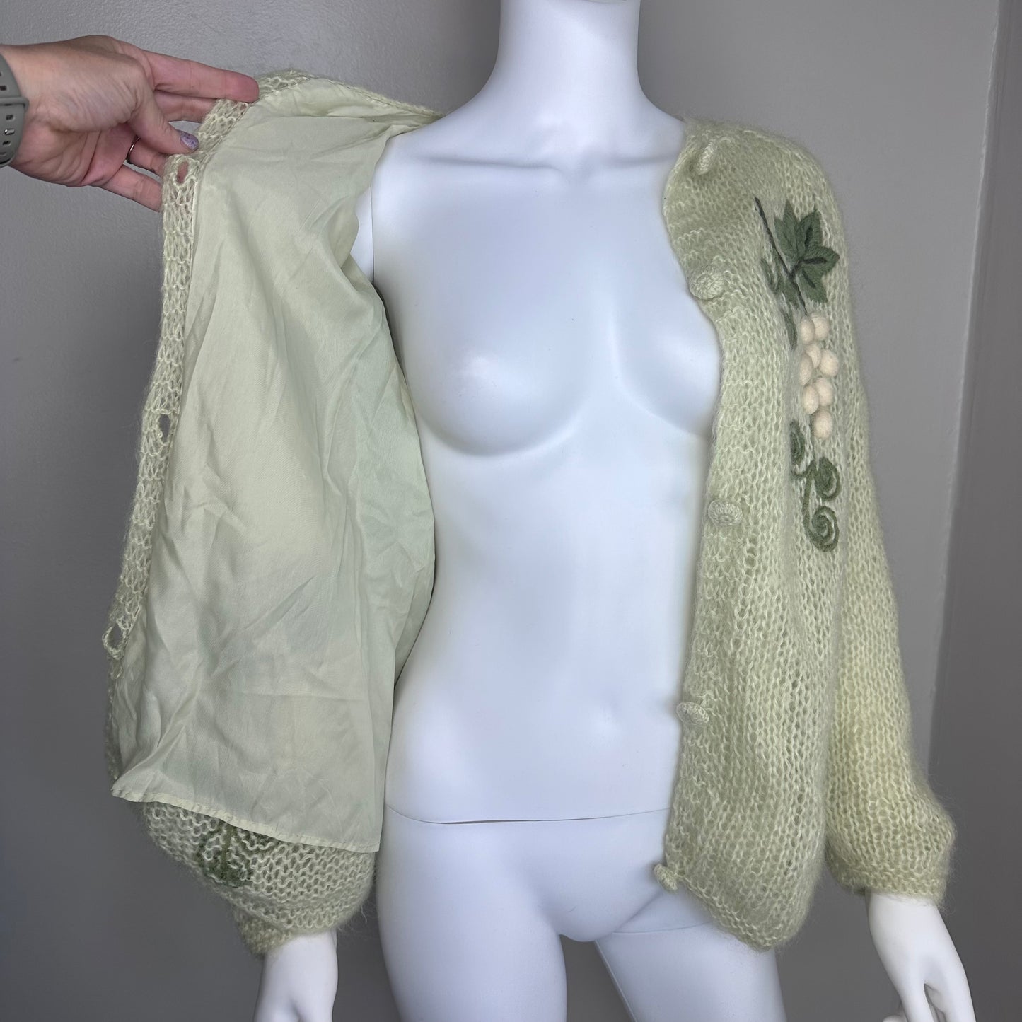 1960s Fuzzy Lime Green Cardigan Sweater with 3D Grapes Embroidery, Size Medium, Lined