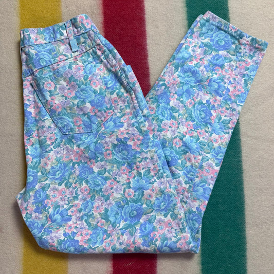 1980s Pastel Blue Floral Jeans, Hunt Club Size Small, 26.5"x30,