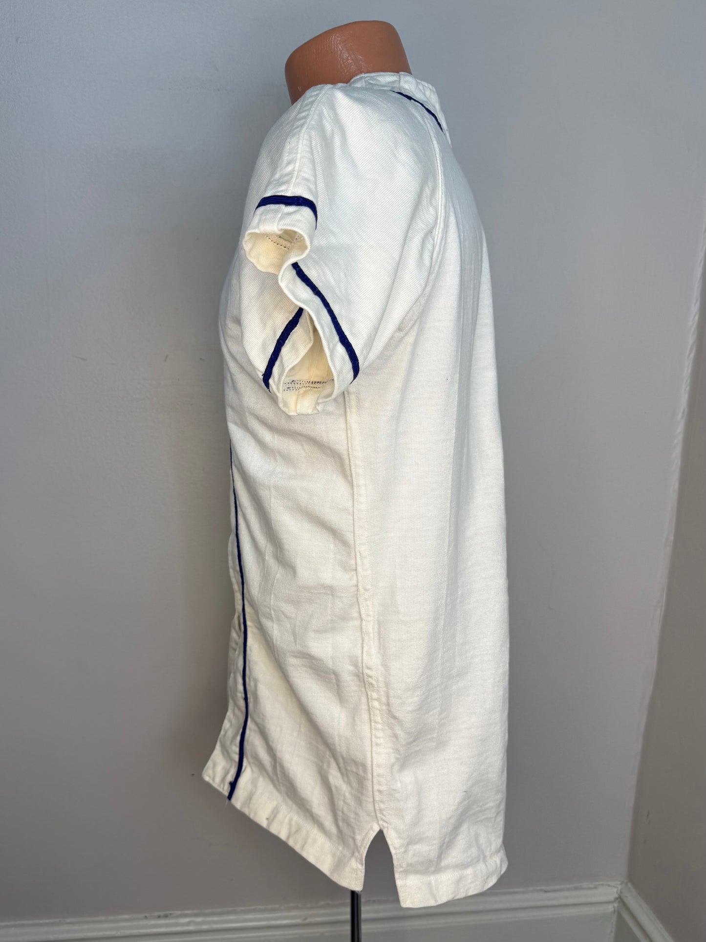 1950s Baseball Jersey, Zip Up Shirt, Russell Southern Co Size Small, Blank White with Blue Trim