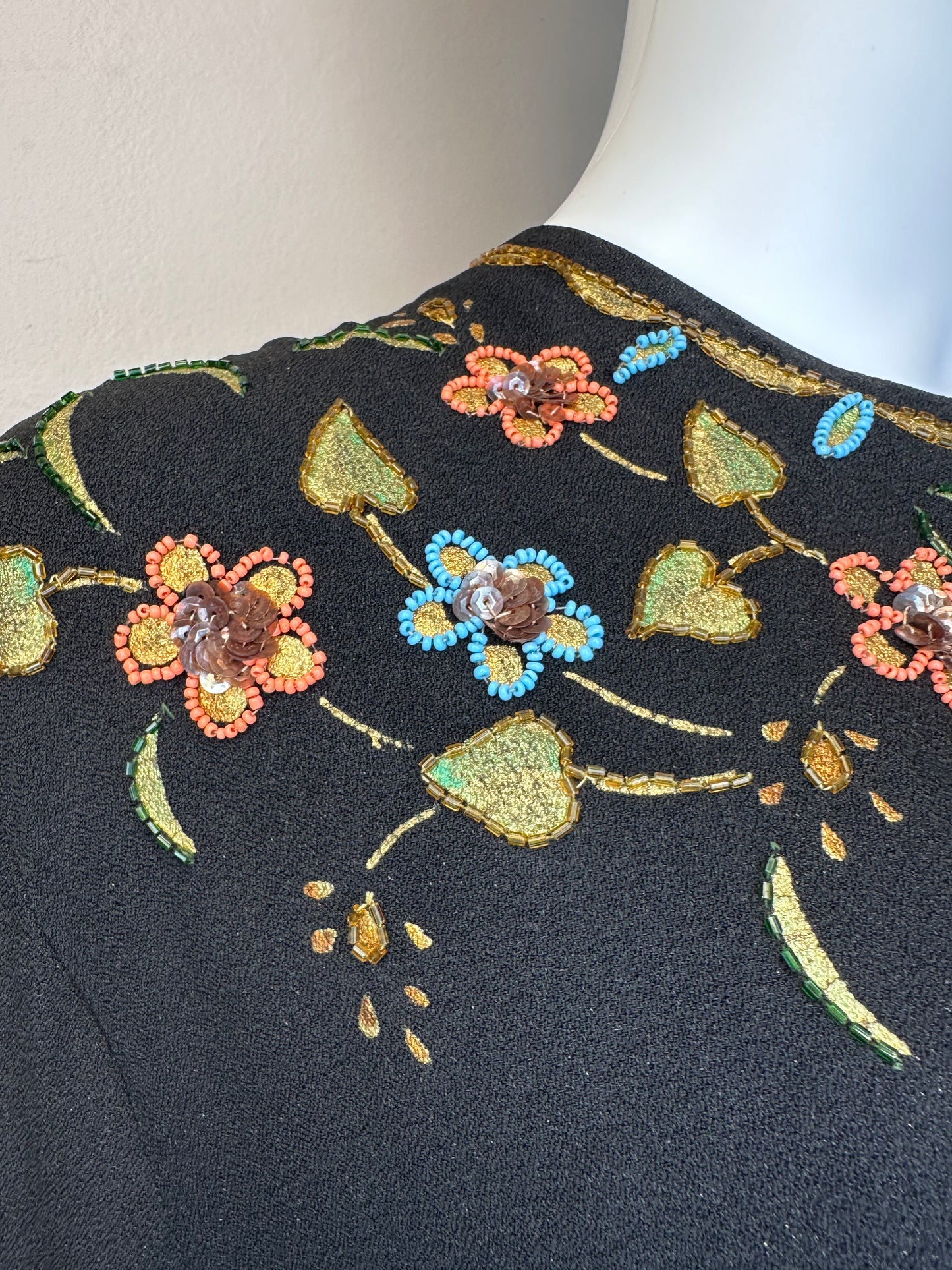 1940s Black Peplum Dress with Painted Flowers, Size Large Beading, Sequins