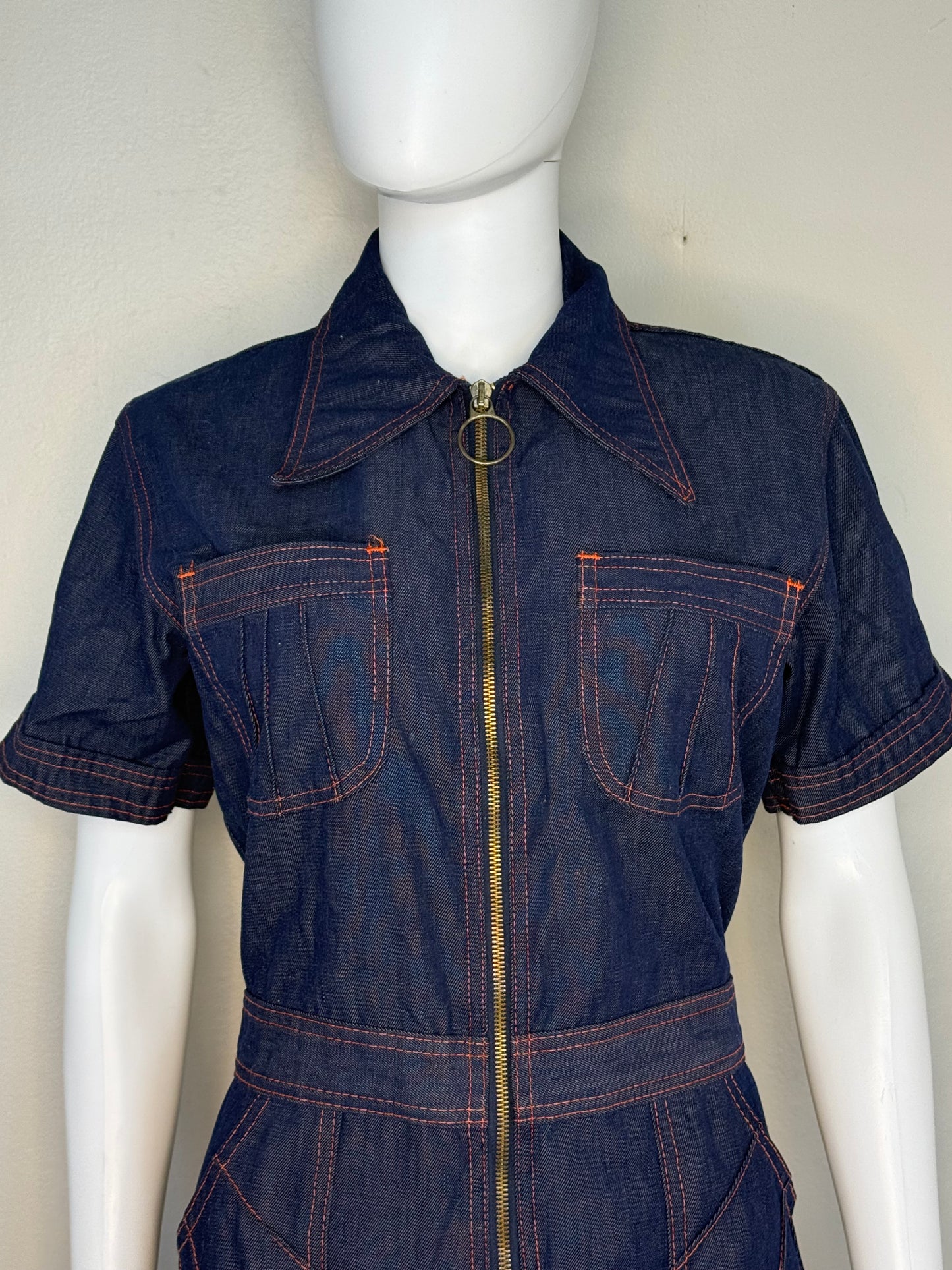 1970s Denim Zip Up Jumpsuit, Sears Size 36R, Small/Medium