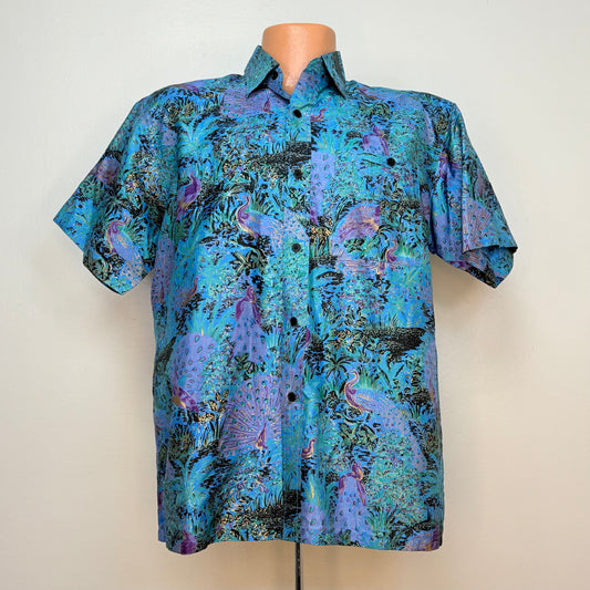 1980s/90s Peacock Print Shirt, Samorn Thai Silk Size Medium
