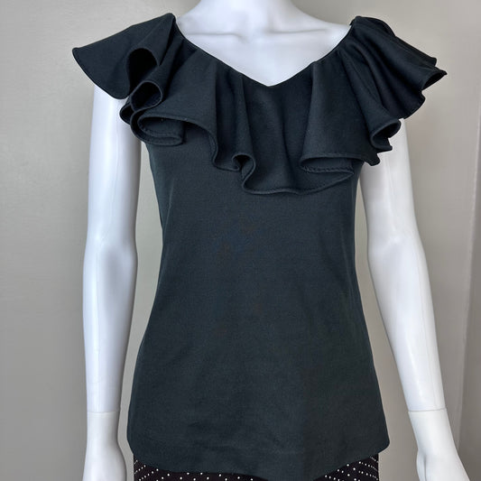 1970s Black Ruffle Neck Sleeveless Top, Size Medium