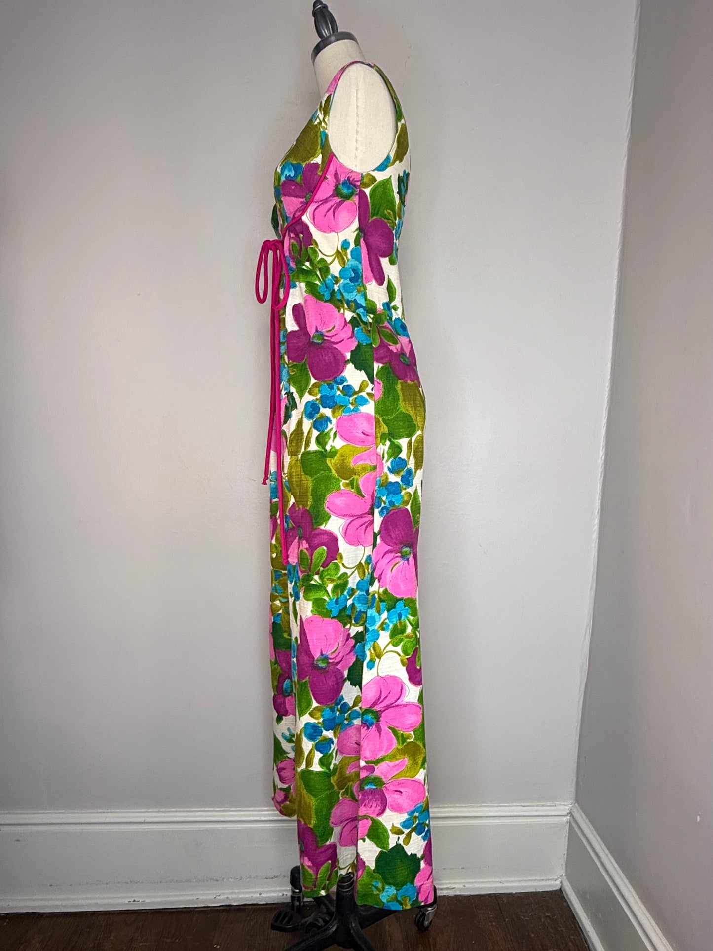 1960s Hawaiian Floral Cotton Barkcloth Jumpsuit, Wide Leg, Lauhala Hawaii Size XXS