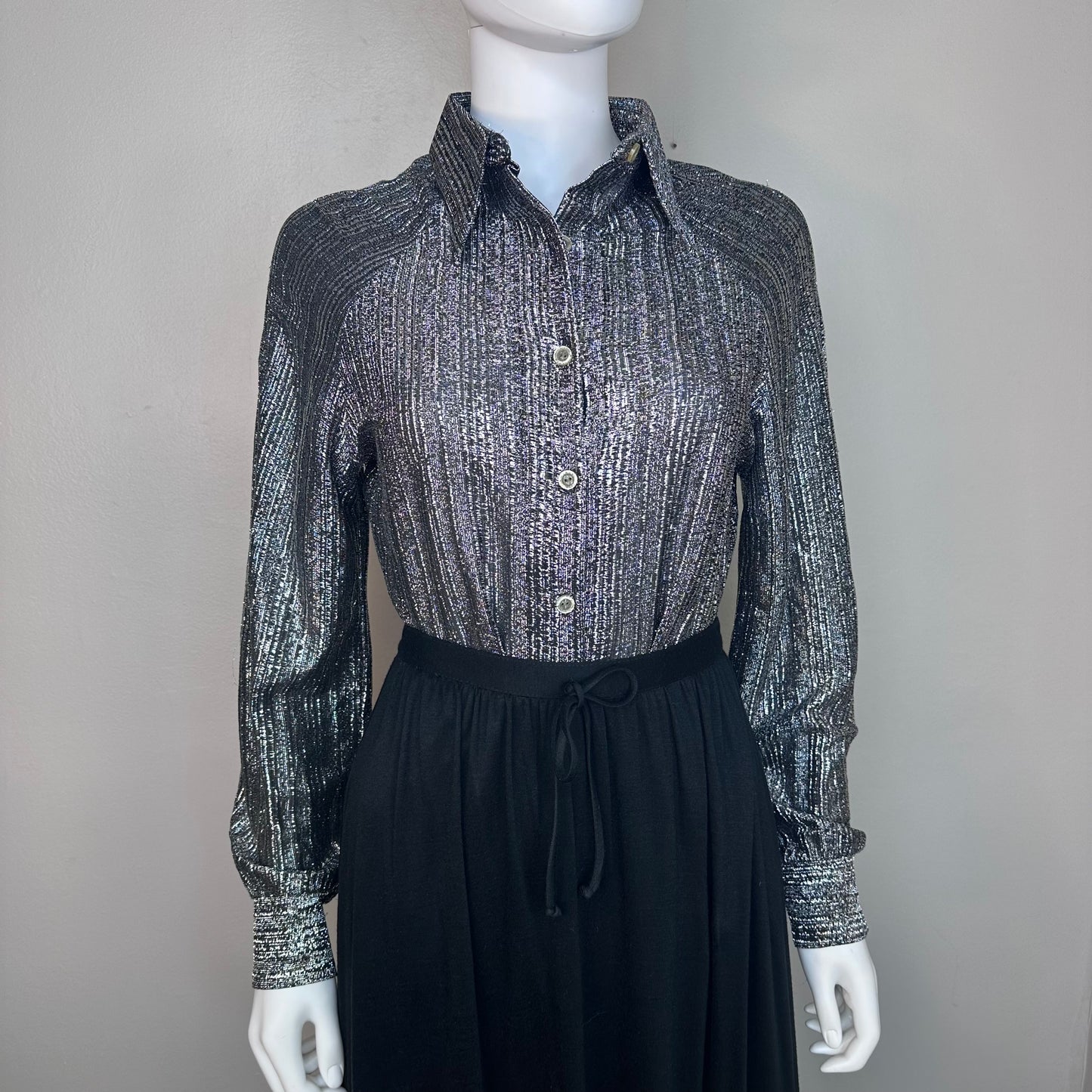 1970s Black and Silver Sparkle Metallic Blouse, Judy Bond Size Medium