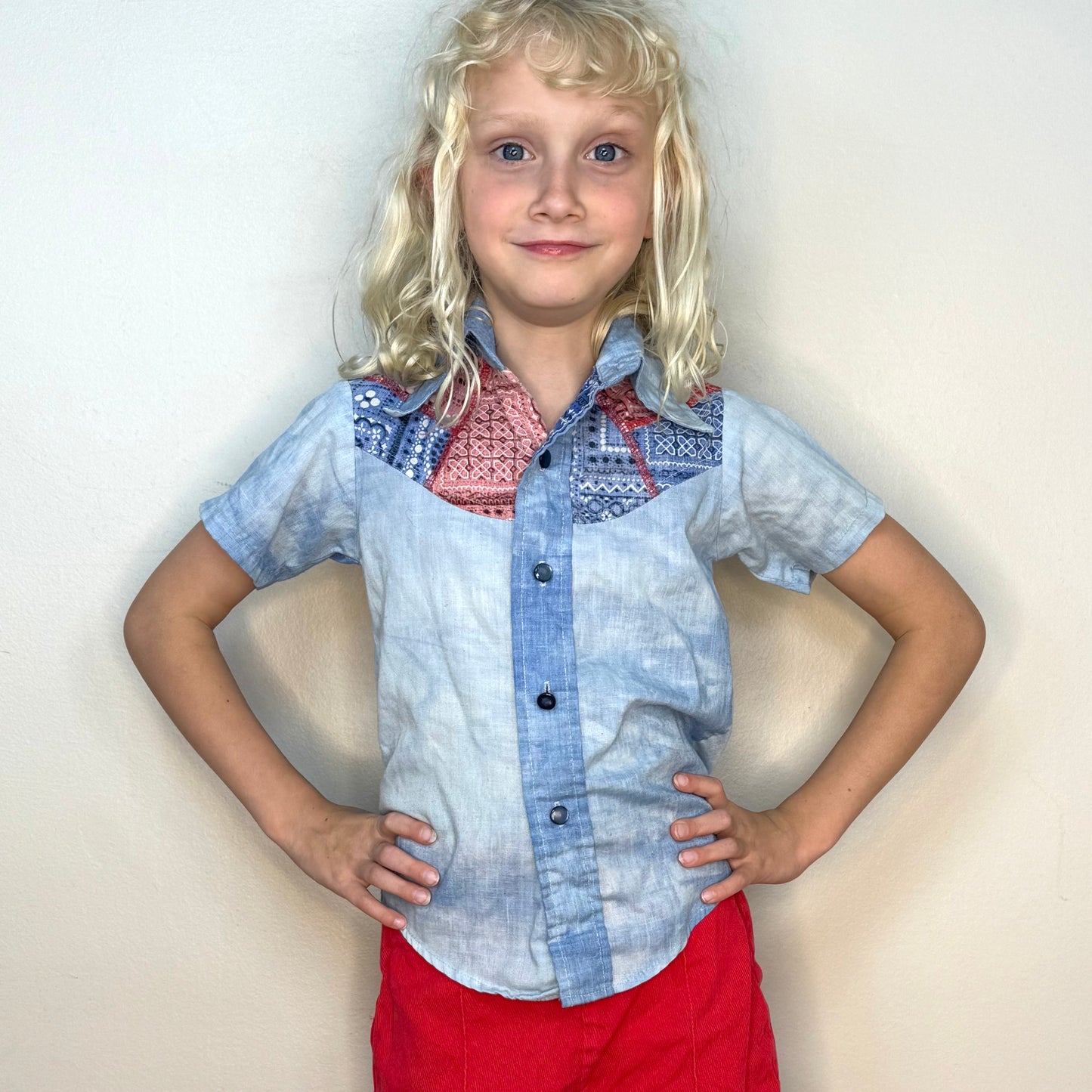1970s Kids’ Western Shirt, Blue Cloudy Dye and Bandana Patchwork, Size 6