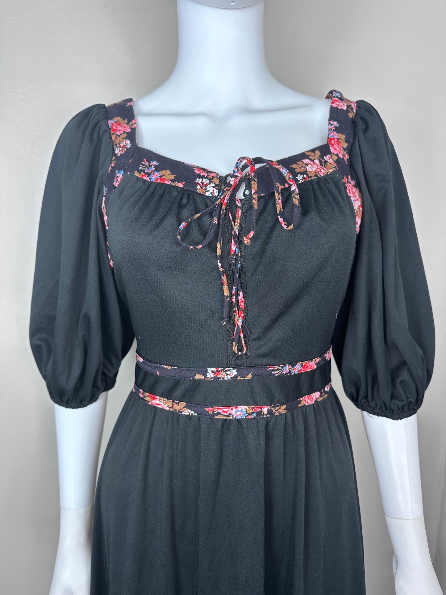 1970s Black Prairie Maxi Dress with Floral Trim, Jody of California Size Medium