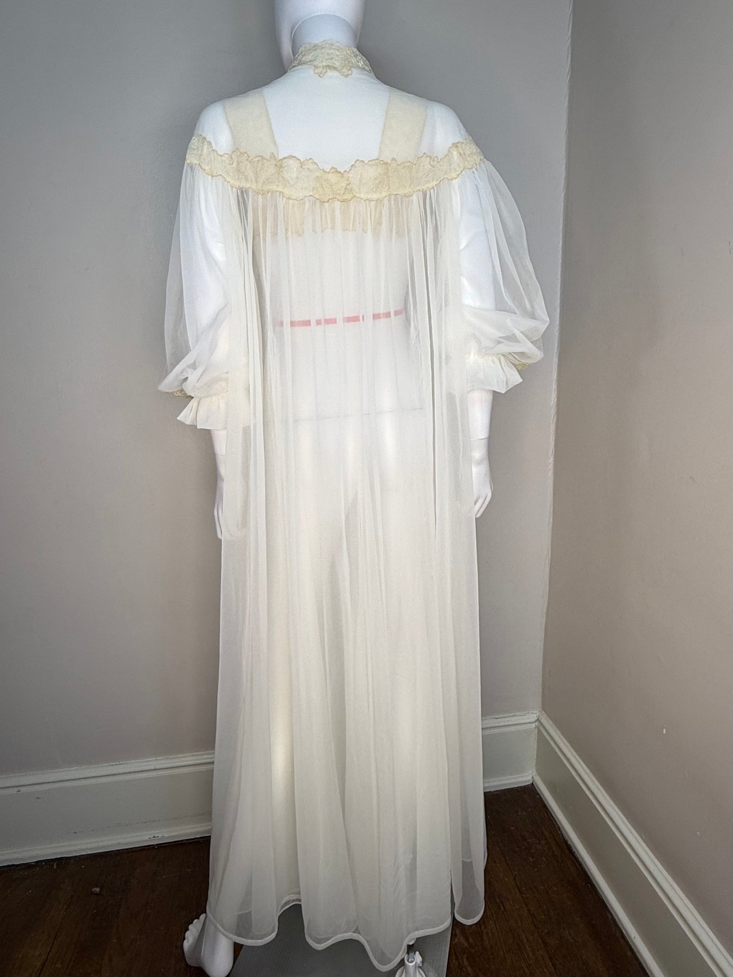 1950s Full Length Peignoir Set with Full Sweep, Sheer Off White Nylon with Cream Lace and Pink Ribbon, Yolande Size 32, XS, Night Gown and Robe, Bridal Lingerie