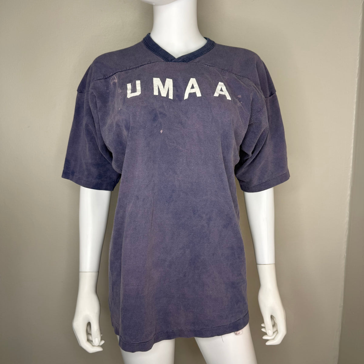 1970s UMAA Blue Cotton Jersey T-Shirt, Russell Athletic Size Small, Distressed