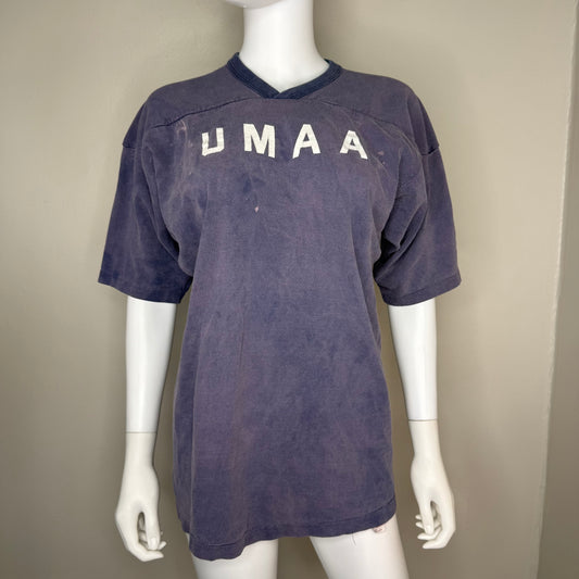 1970s UMAA Blue Cotton Jersey T-Shirt, Russell Athletic Size Small, Distressed
