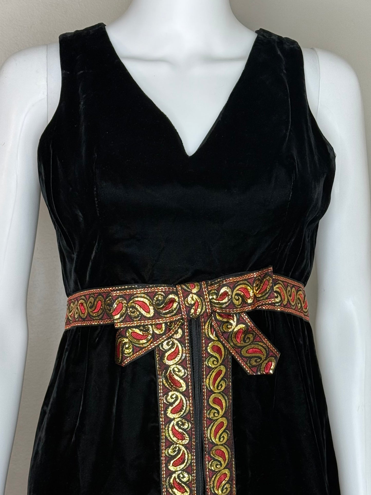 1960s Black Velvet Maxi Dress with Metallic Gold and Red Ribbon Trim, Size Small