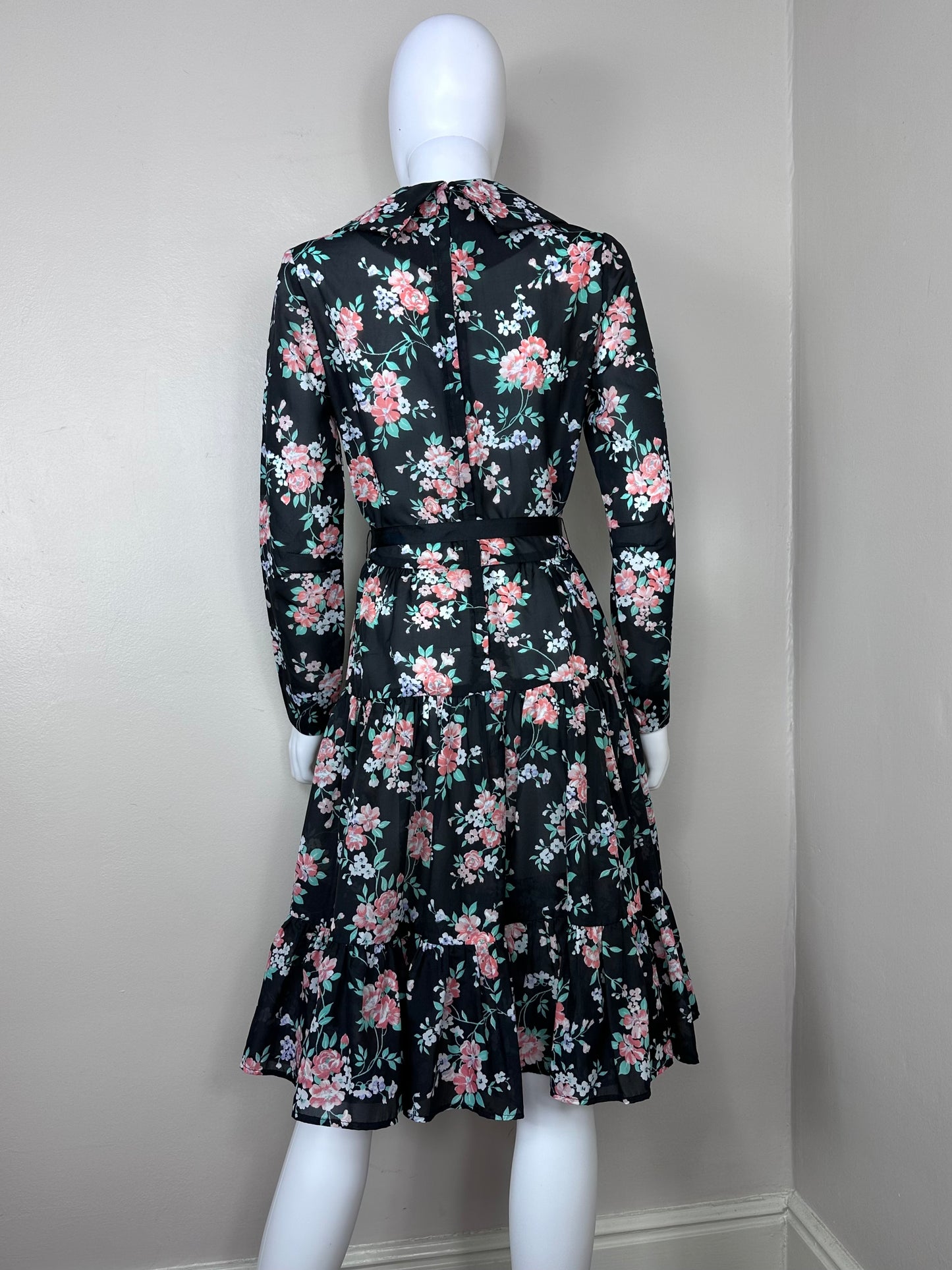 1970s Black Floral Dress, Herman Marcus Dallas Size XS