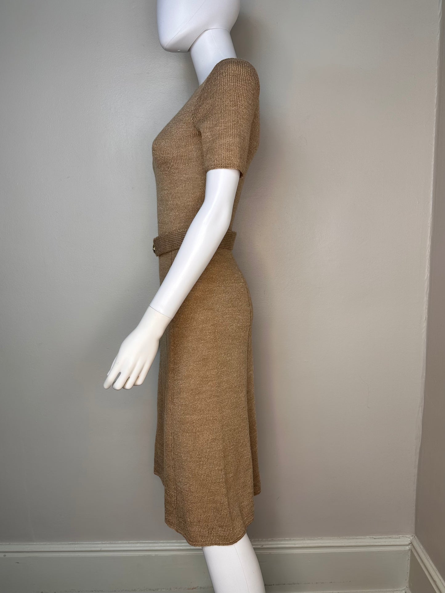 1960s/70s Tan Knit Dress and Belt, Handmade Size XS