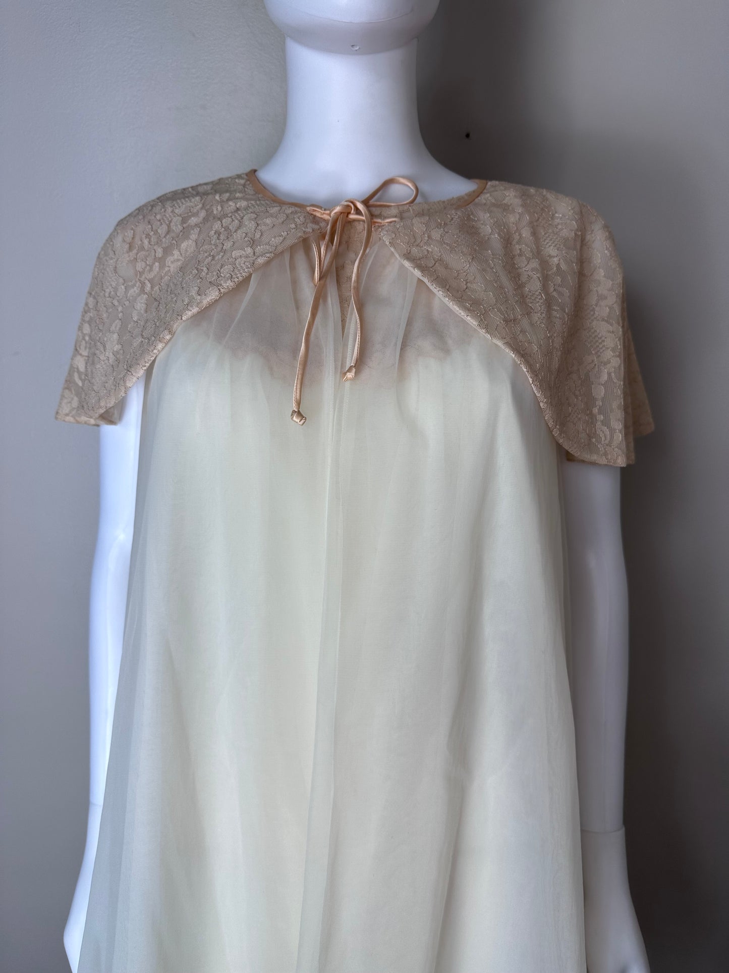 1950s Vanity Fair Peignoir Set, Size Small, Cream Sheer Nylon and Tan Lace Lingerie, Nightgown and Robe