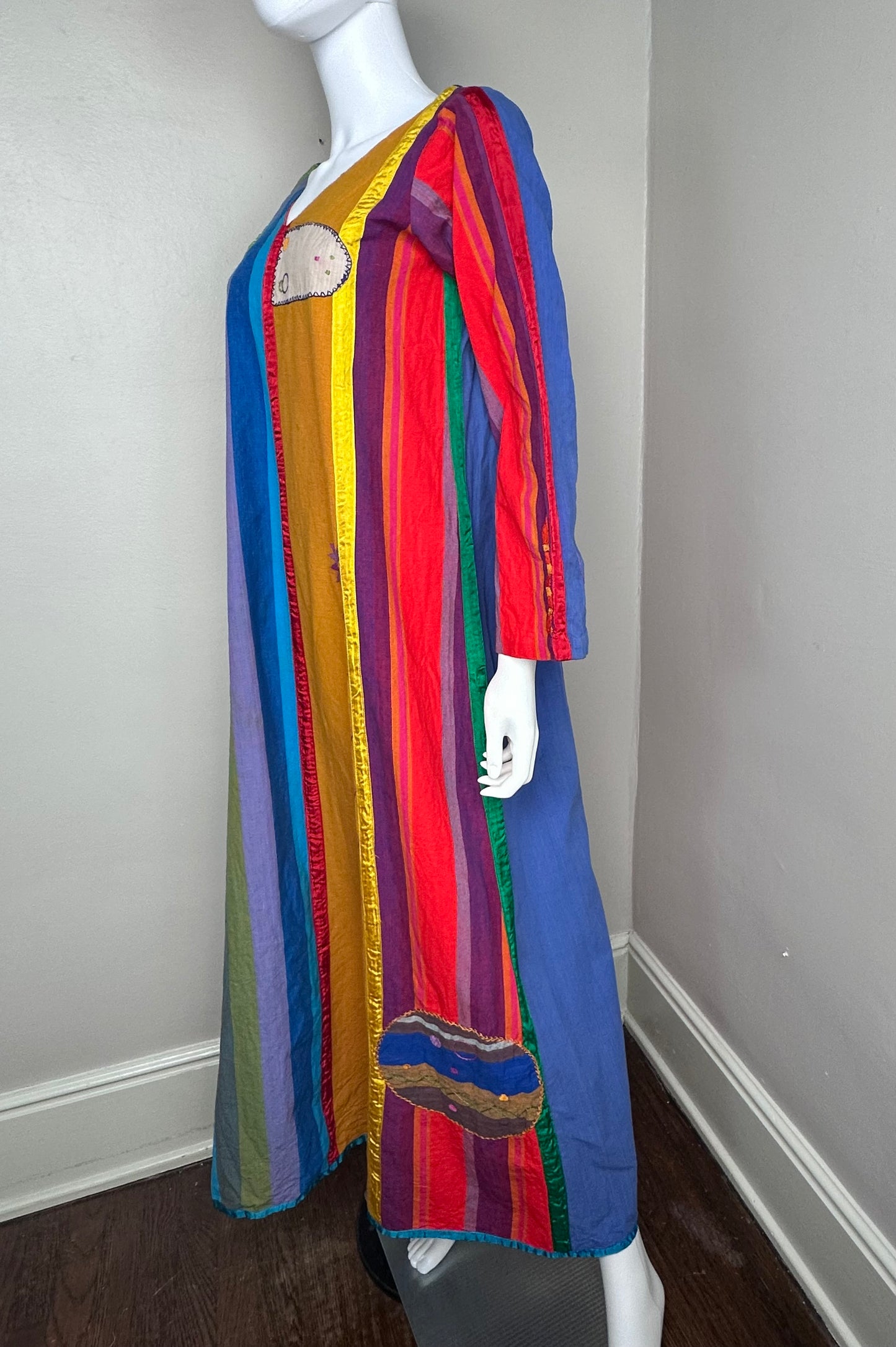 1960s/70s Josefa Rainbow Patchwork Embroidered Mexican Caftan Dress, Size XS-Small, One of a Kind