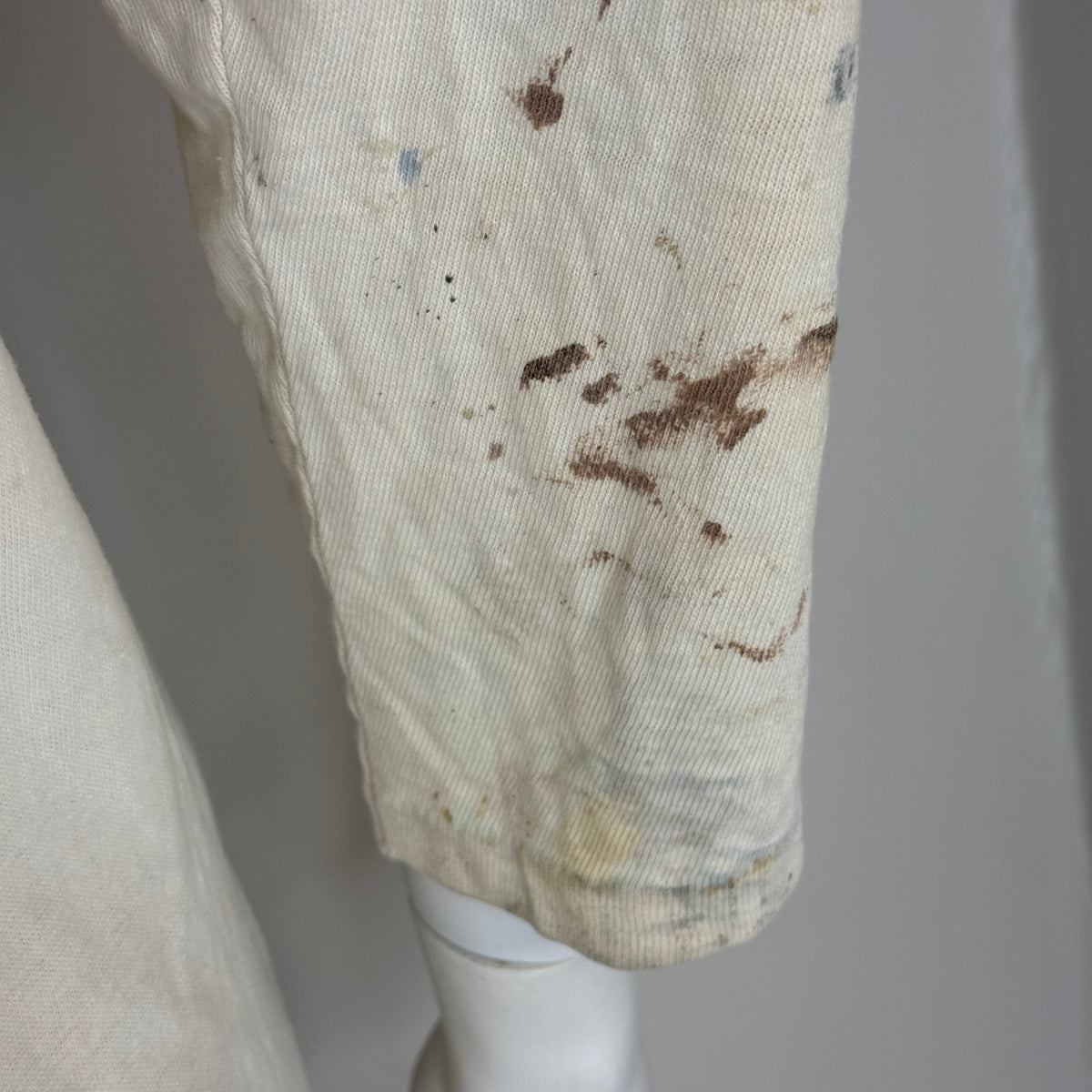 1960s/70s Off White Cotton Jersey T-Shirt, Size Medium, Paint Stains, Distressed