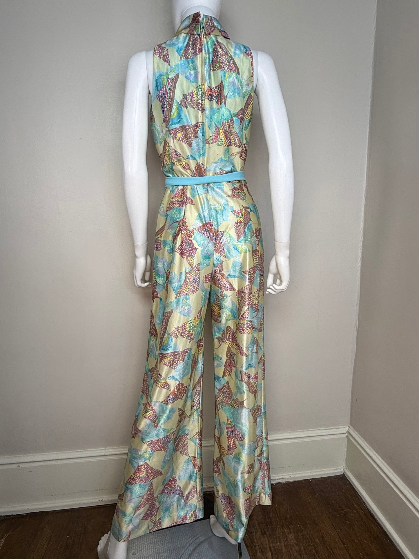 1970s Psychedelic Print Bell-Bottom Jumpsuit, Mel Warshaw Miss Jane Miami Size XS/Small, Shiny Fabric