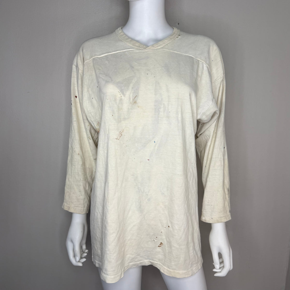 1960s/70s Off White Cotton Jersey T-Shirt, Size Medium, Paint Stains, Distressed