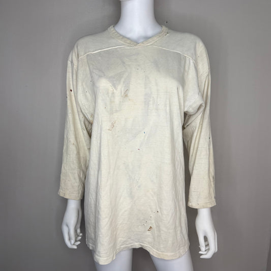 1960s/70s Off White Cotton Jersey T-Shirt, Size Medium, Paint Stains, Distressed