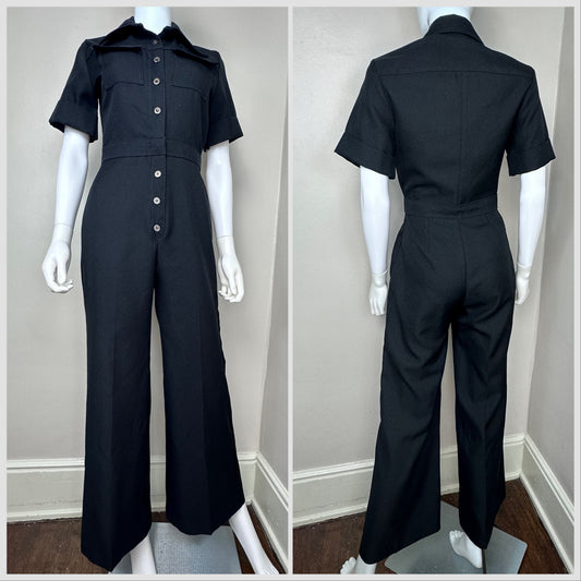 1970s Black Flare Leg Jumpsuit, Size Small, Short Sleeve Leisure Suit