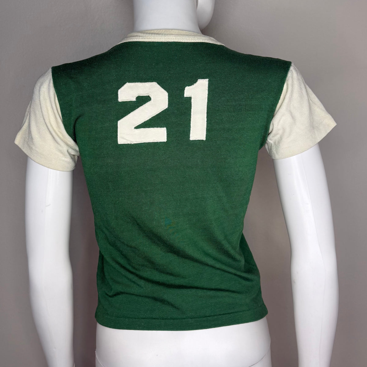 1960s/70s Kids’ Green and White Durene Jersey T-Shirt Size Youth M/Adult XS, No 21, Russell Southern Co