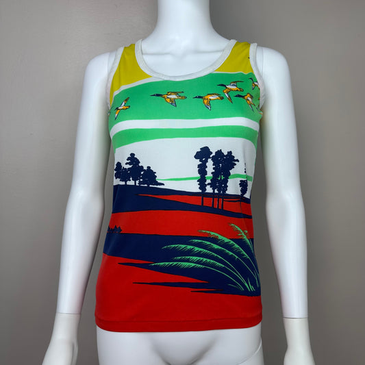 1970s Polyester Tank Top, Size Small, Psychedelic Flying Ducks All Over Print