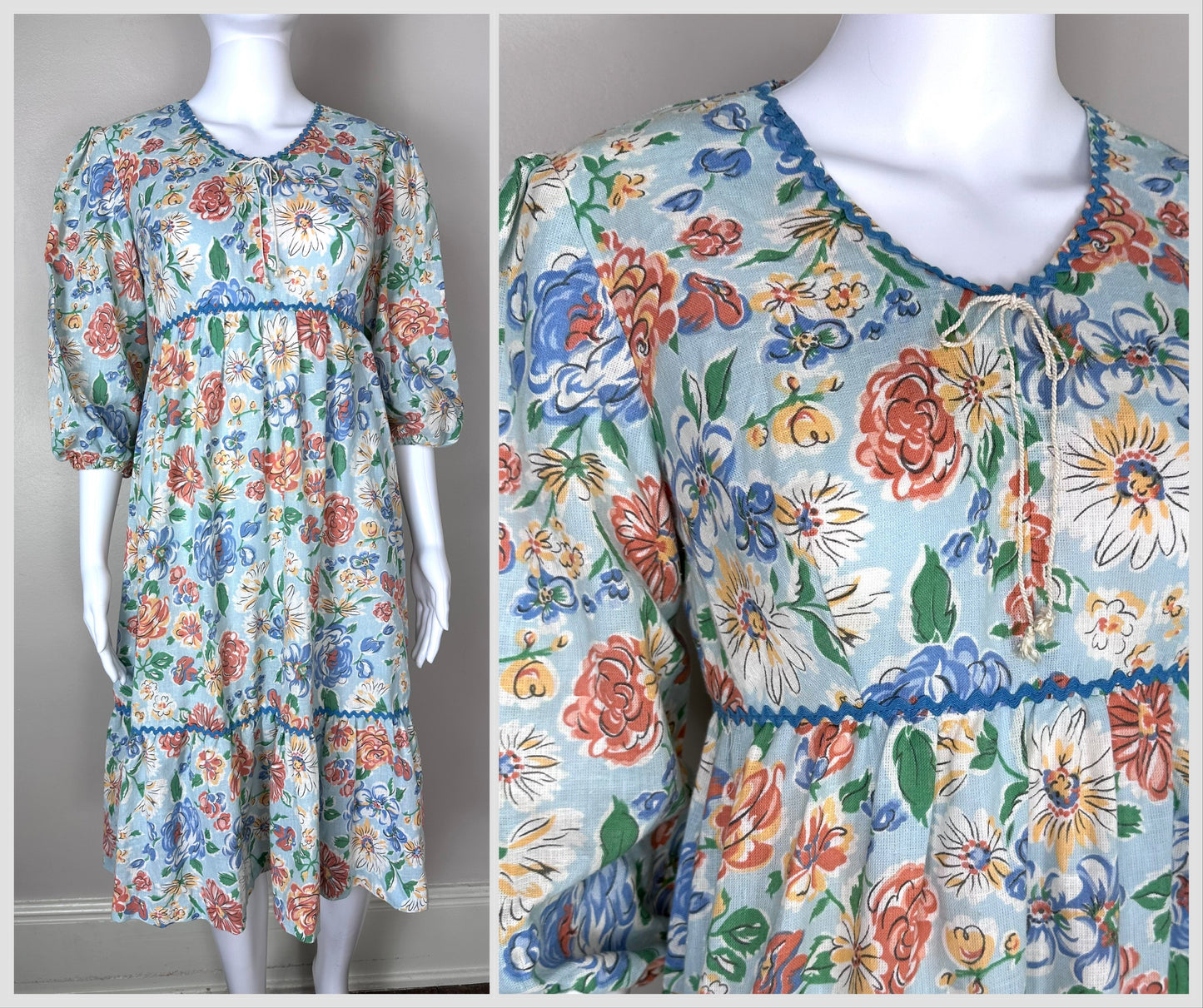 1970s Blue Floral Midi Dress, Prairie Peasant