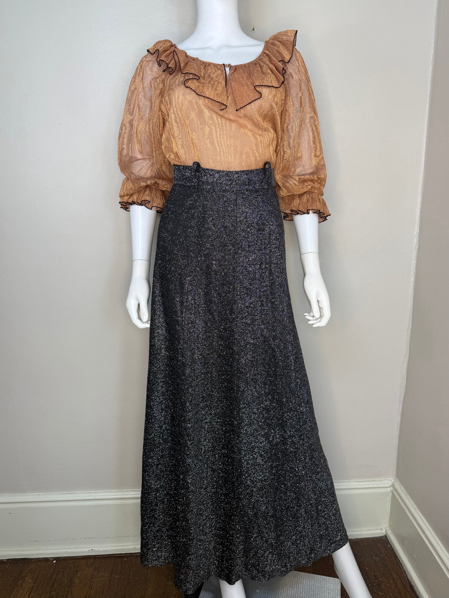 1960s/70s Black and Silver Lurex Maxi Skirt, Size XS