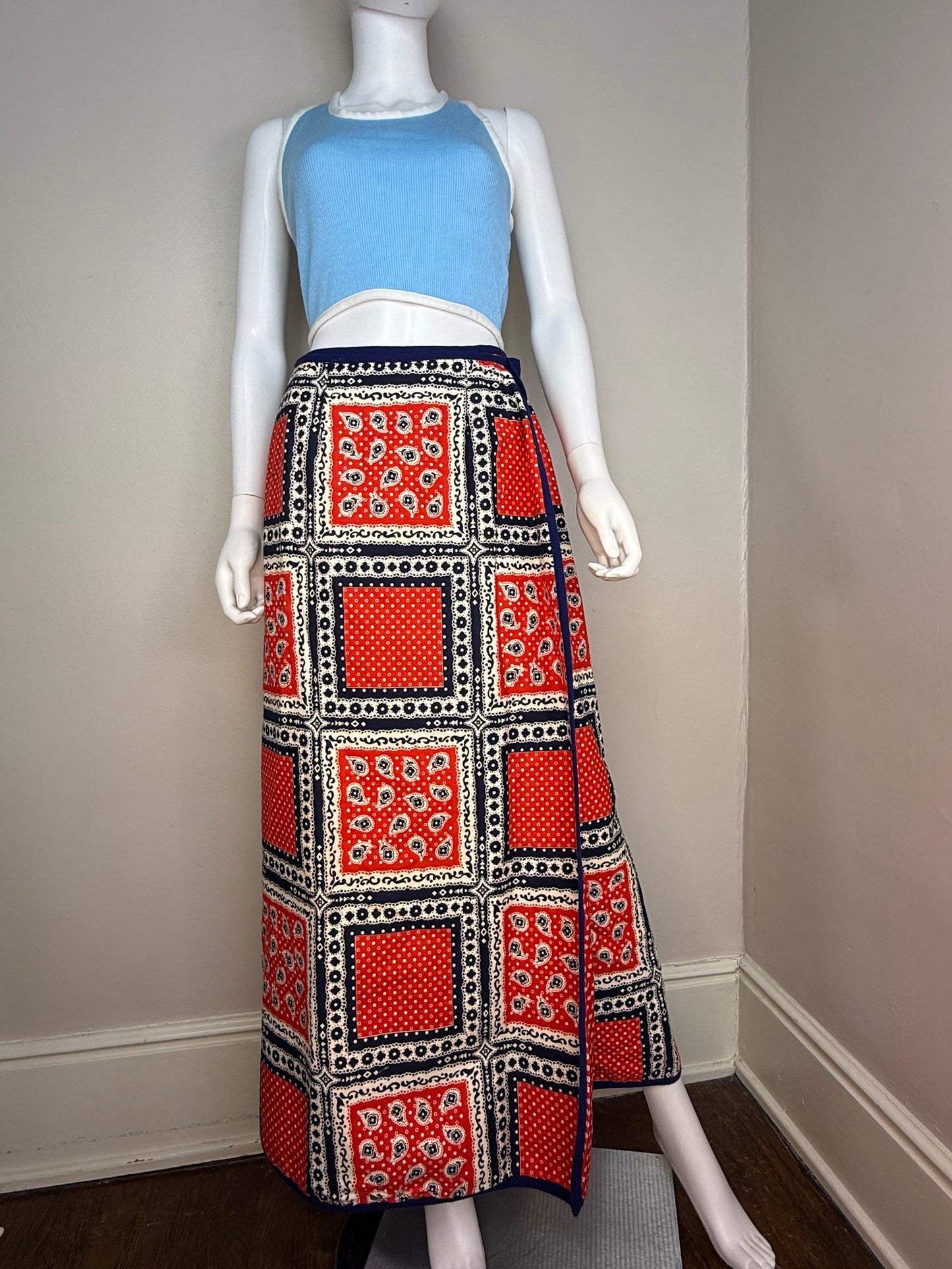 1960s/70s Bandana Print Maxi Wrap Skirt, by David Smith Size Small, Red White & Blue