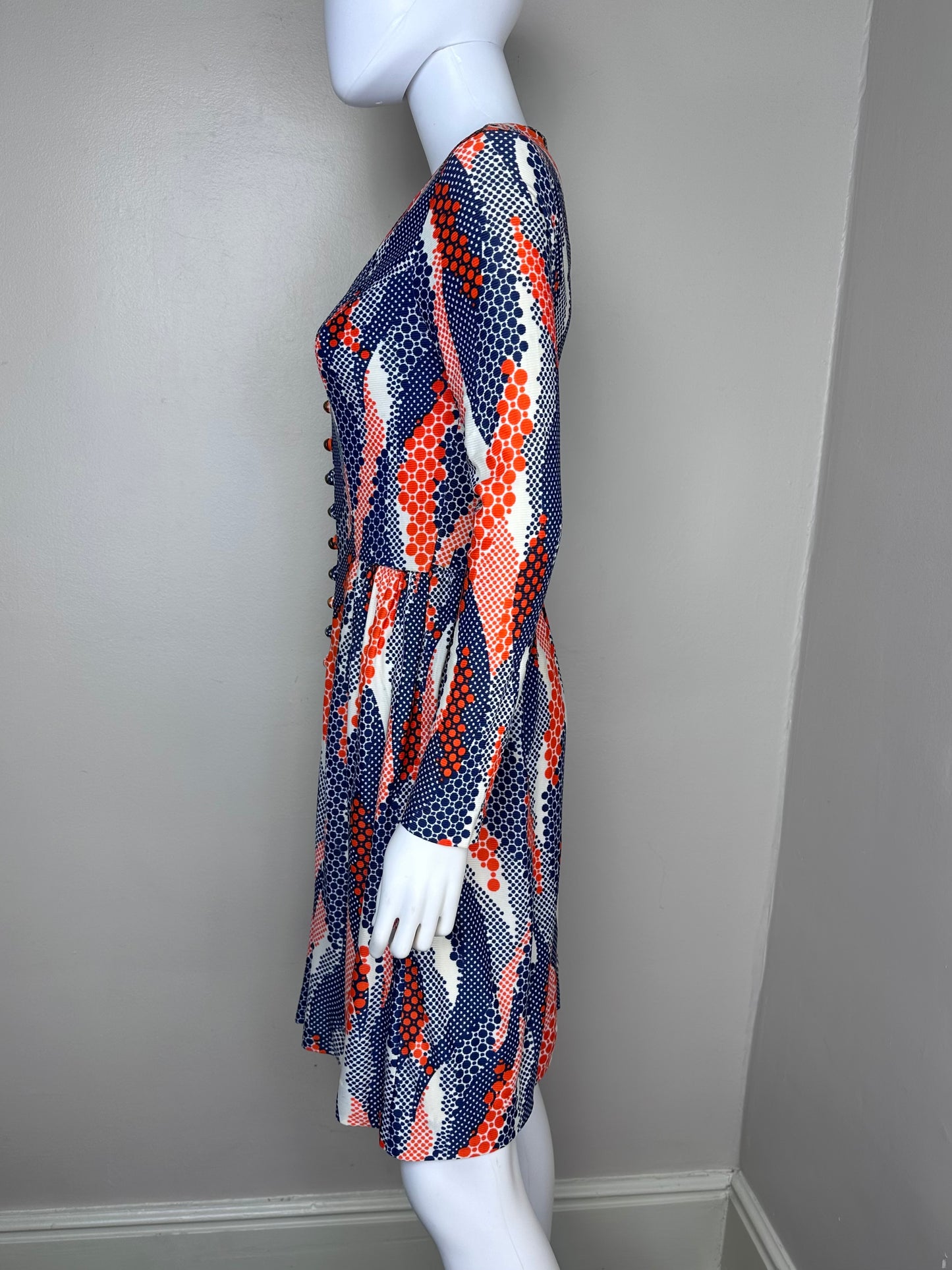 1970s Orange and Blue Psychedelic Swirl Polka Dot Dress, Size XS-Small