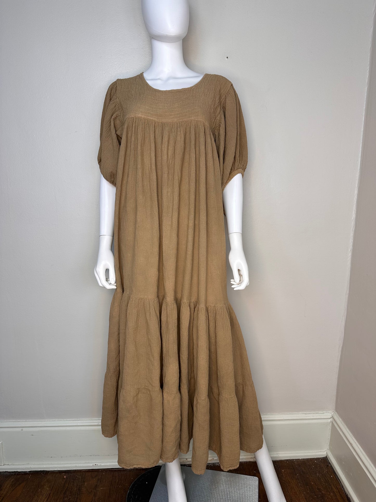 1970s Mocha Cotton Gauze Mexican Muumuu Maxi Dress, Sucesos Size Large