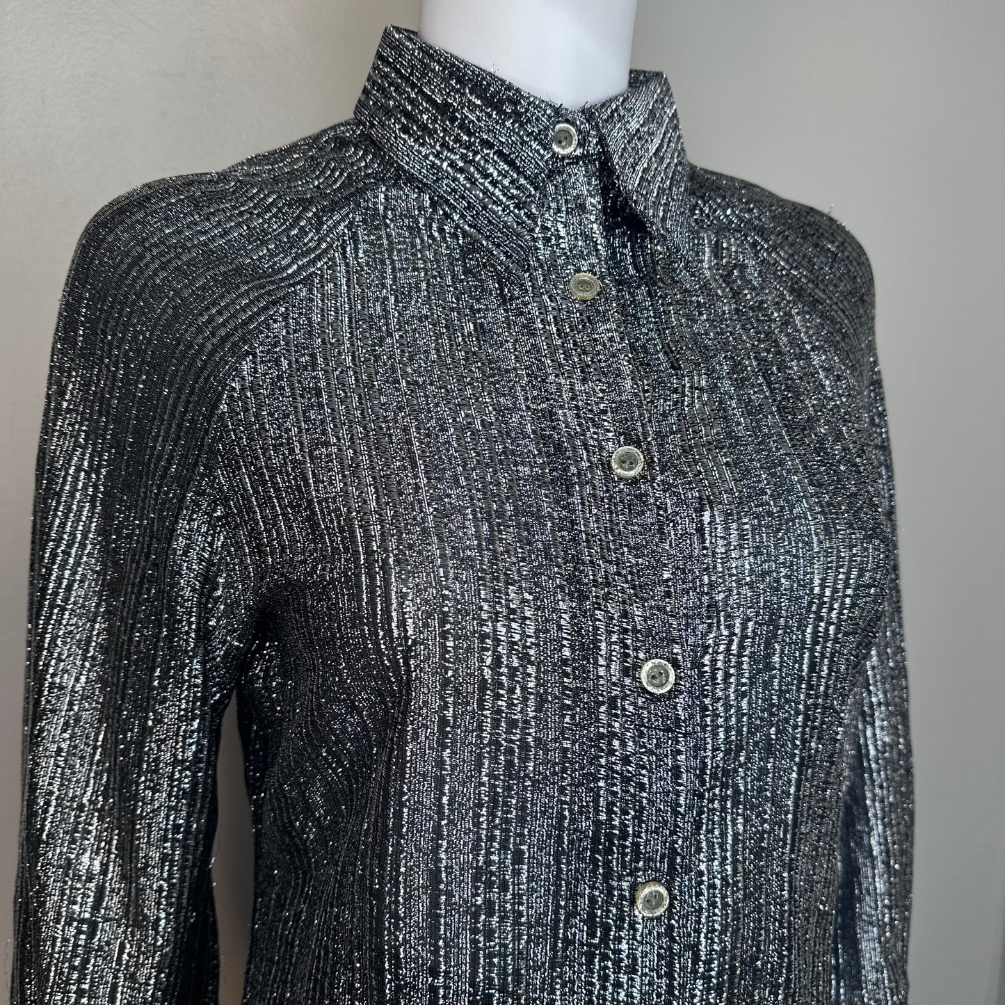 1970s Black and Silver Sparkle Metallic Blouse, Judy Bond Size Medium