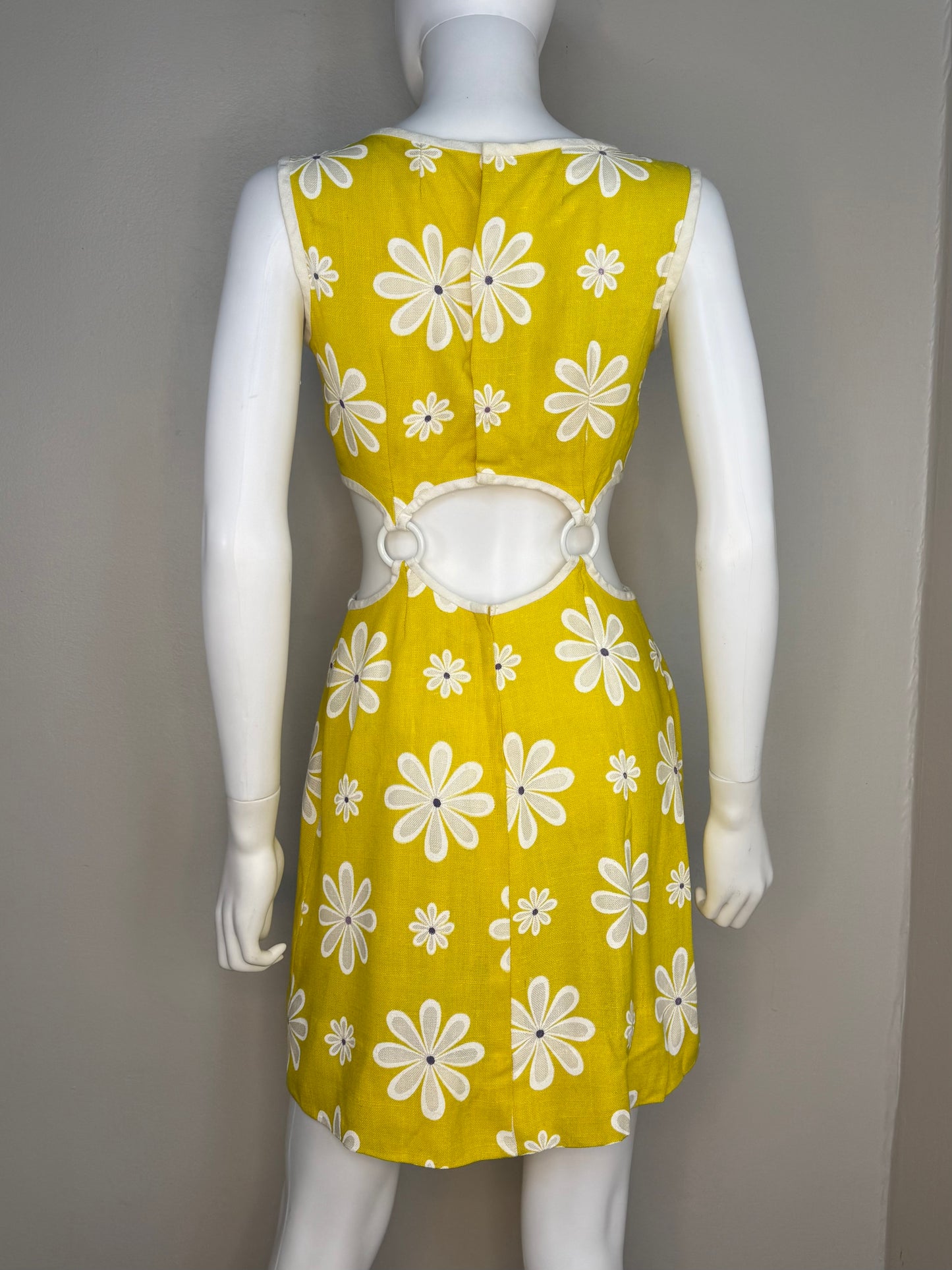 1960s Yellow Floral Mini Dress with Cut Outs and Rings, Handmade Size Small