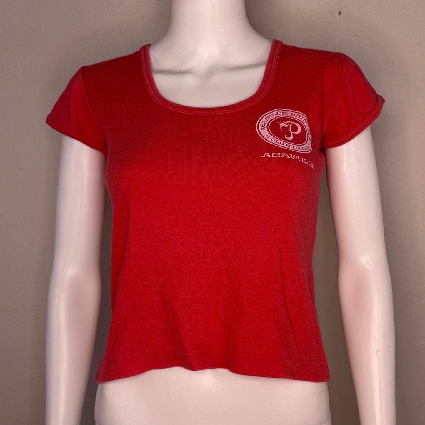 1970s Acapulco Princess T-Shirt, Gaviota Size Small, Red Femme Cut Baby Doll Tee, Mexico Resort Hotel